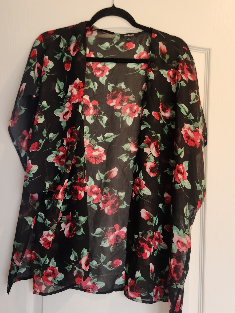 Ambiance Black Floral Sheer Kimono Cardigan S Euc